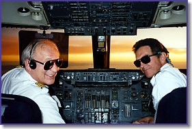 Barry and his first officer enjoying a sunset flight from Los Angeles to Honolulu (1995)